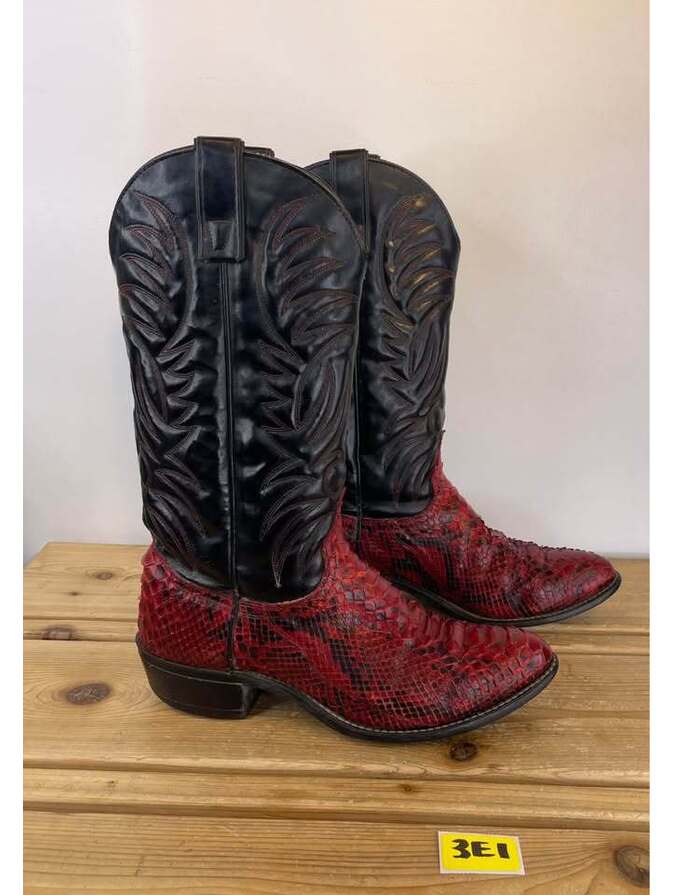 Vintage Texas Brand Men's 9.5 D Red Black Python Snakeskin Cowboy Boots Usa Made